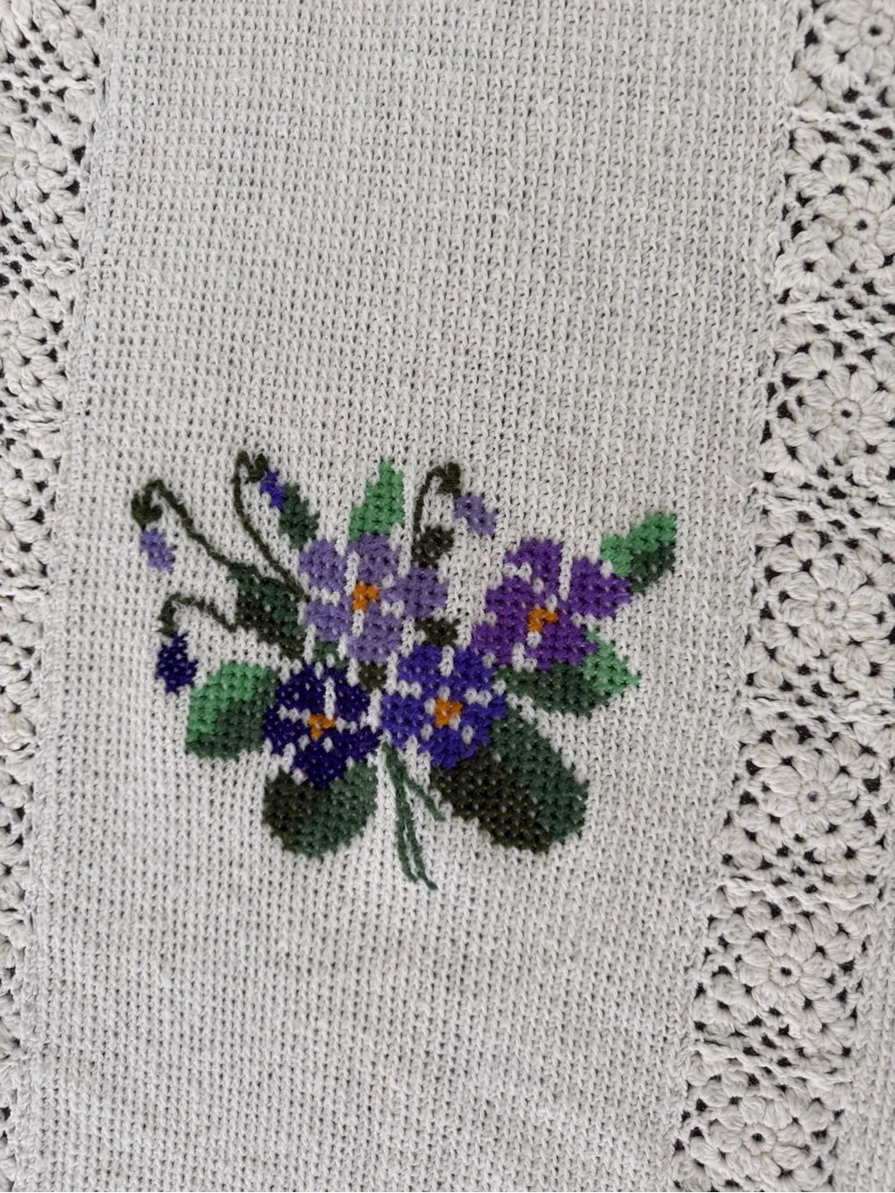 Embroidered Floral Crochet throw blanket- Purple & Green Violets